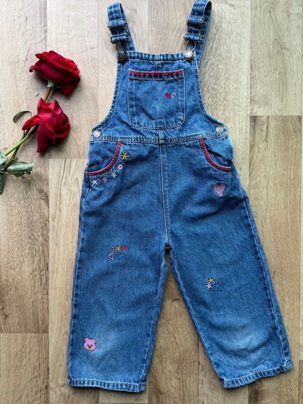 Zara Kids Embroidered Denim Overalls Size 4 - Hearts & Flowers